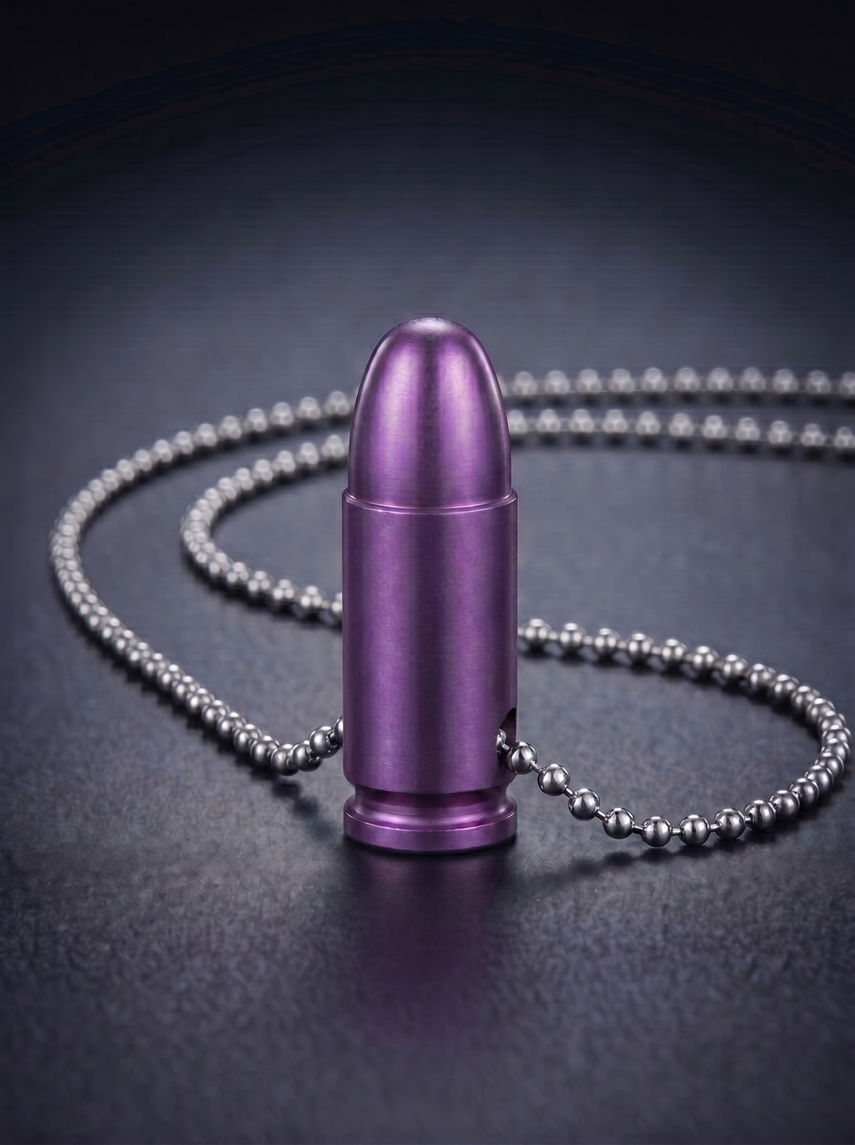 Magenta titanium pistol cartridge pendant on ball chain
