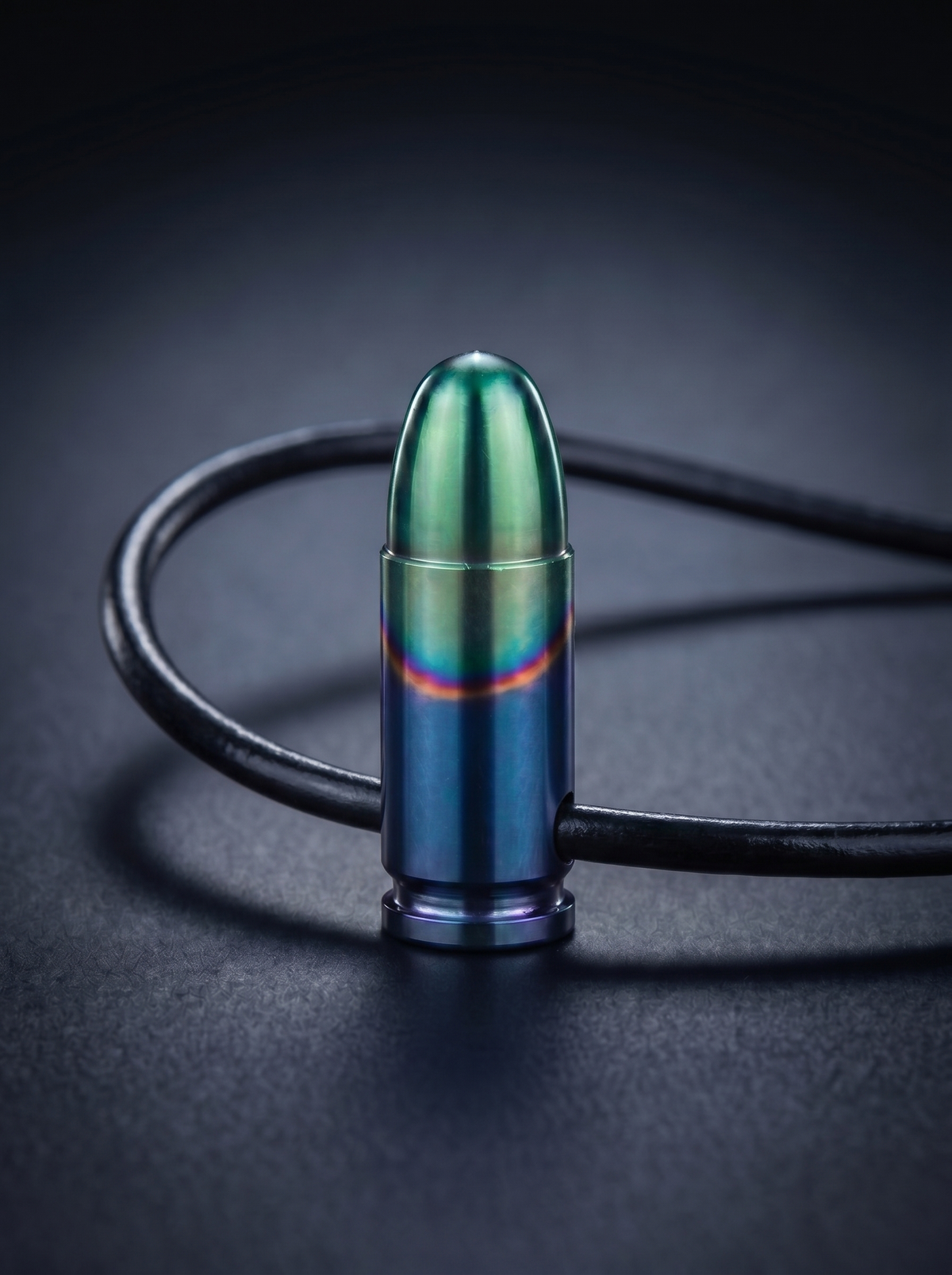 Multishade titanium pistol cartridge pendant on black leather cord