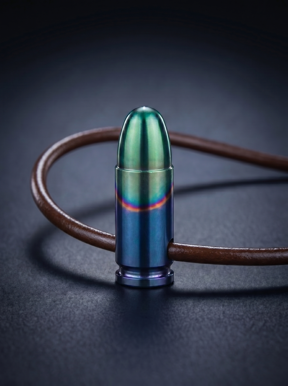 Multishade titanium pistol cartridge pendant on brown leather cord