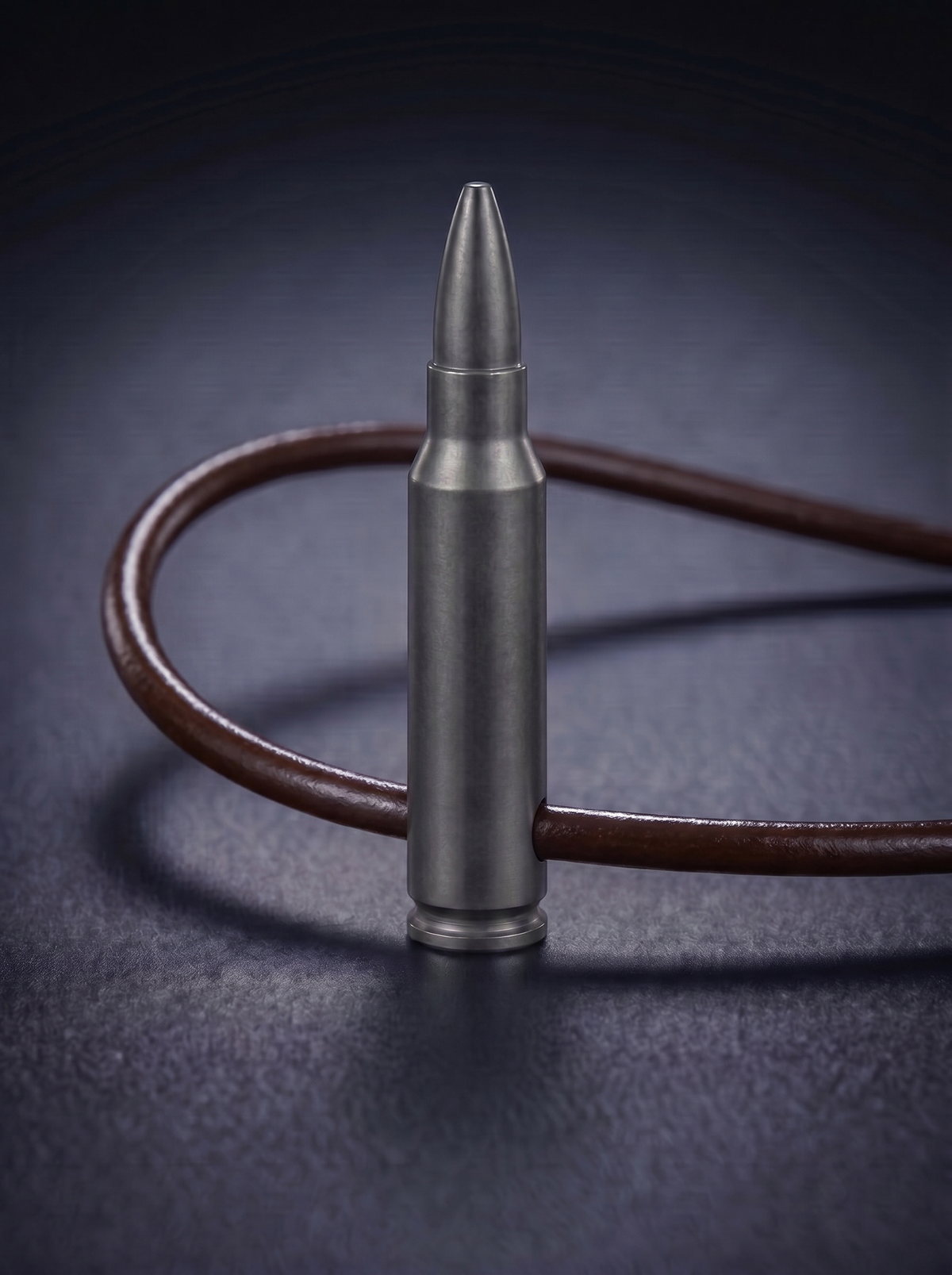 Black titanium rifle cartridge pendant on brown leather cord