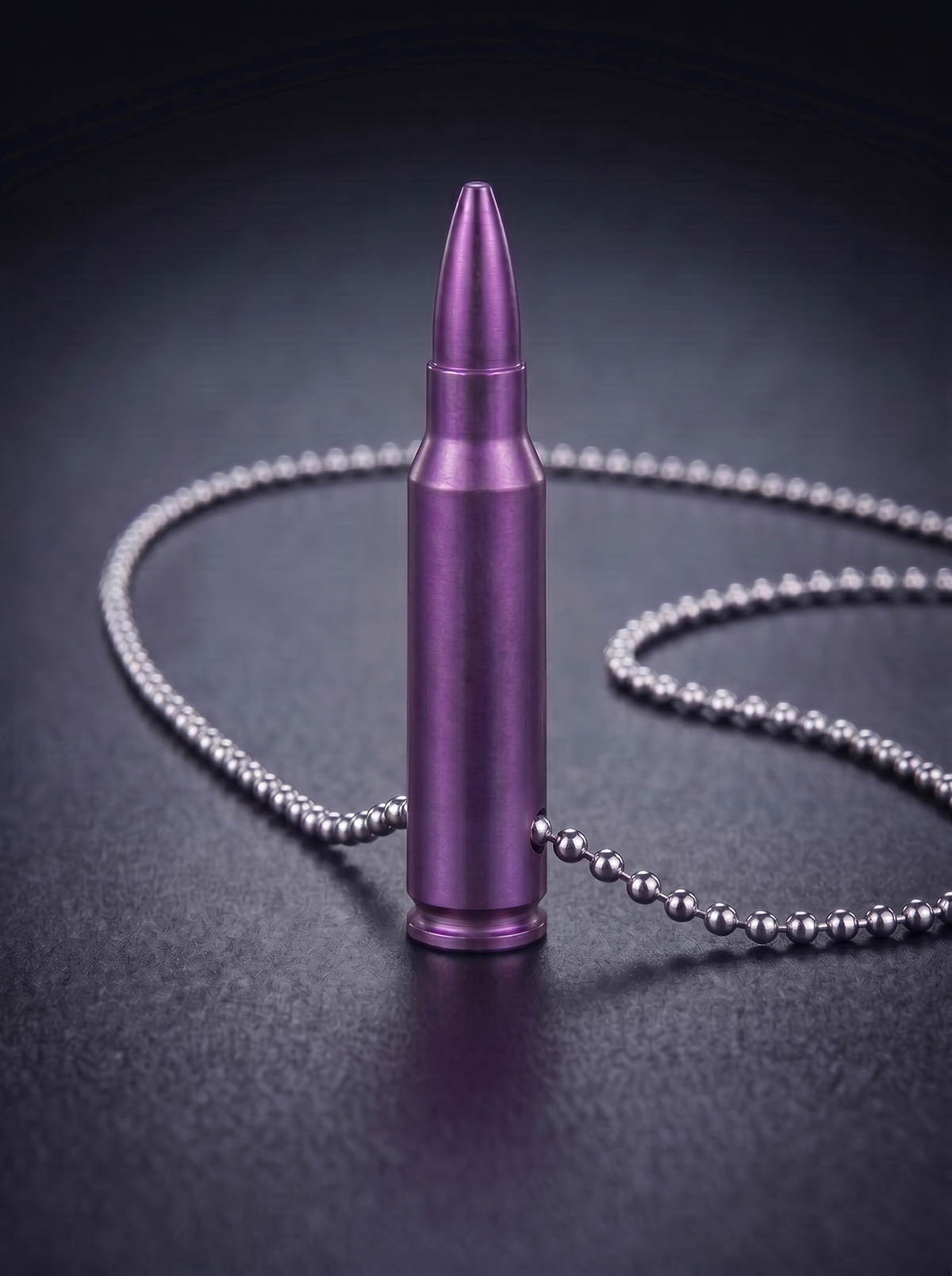 Magenta titanium rifle cartridge pendant on ball chain