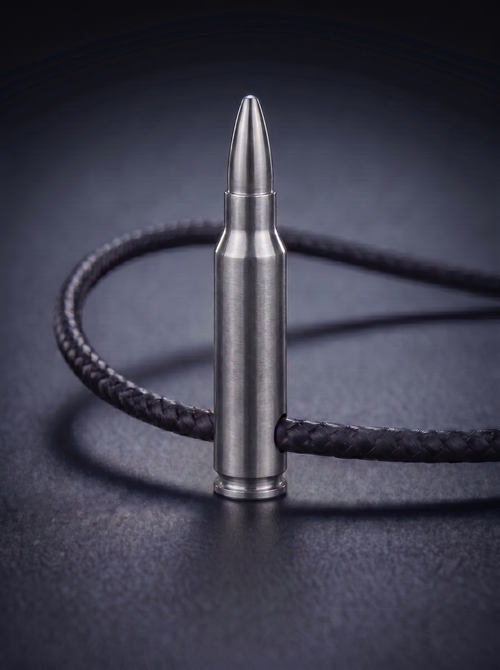 Natural titanium rifle cartridge pendant on nappa leather cord